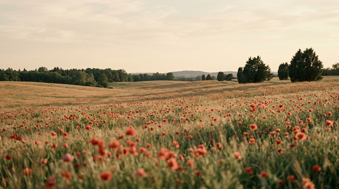 A quiet field of poppies at the end of the day